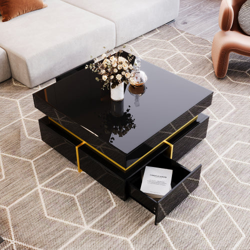 Coffee Table, High-Gloss Living Room Table, Side Table With Drawers And Gold Accents