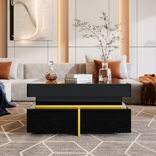 Coffee Table, High-Gloss Living Room Table, Side Table With Drawers And Gold Accents