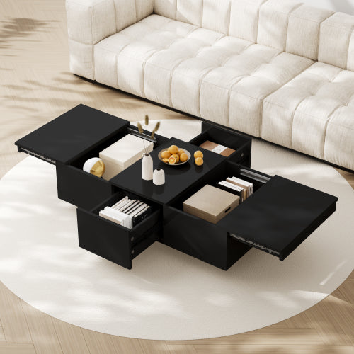 Coffee Table, Black High-Gloss Living Room Table With Push-Pull Storage Structure, Double-Sided Drawers