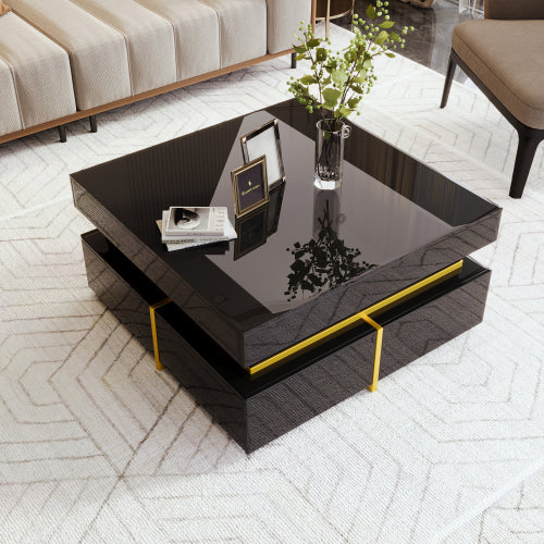 Coffee Table, High-Gloss Living Room Table, Side Table With Drawers And Gold Accents
