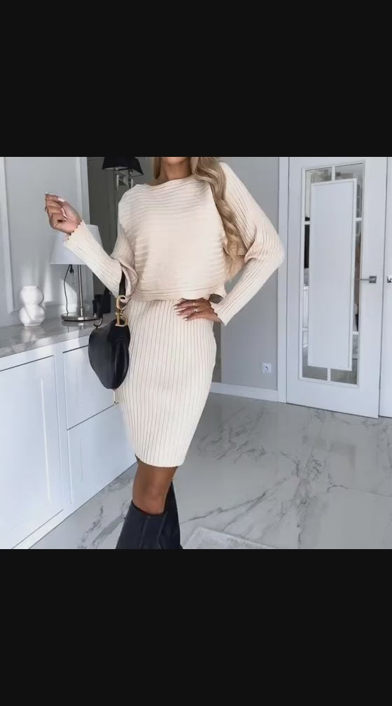 2pcs Suit Women's Solid Stripe Long-sleeved Top And Tight Suspender Skirt Fashion Autumn Winter Slim Clothing