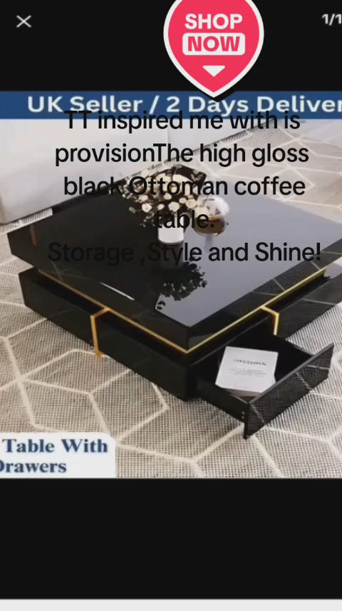 Coffee Table, High-Gloss Living Room Table, Side Table With Drawers And Gold Accents